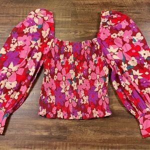 Free People Ariana Pink Floral Smocked Puff Sleeve Sz Small